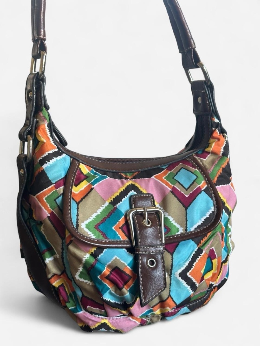 Colorful Geometric Print Shoulder Bag with Brown Trim